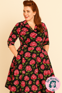 50ér kjole/swingkjole - Miss  Rose - smuk kjole i sort med roser 